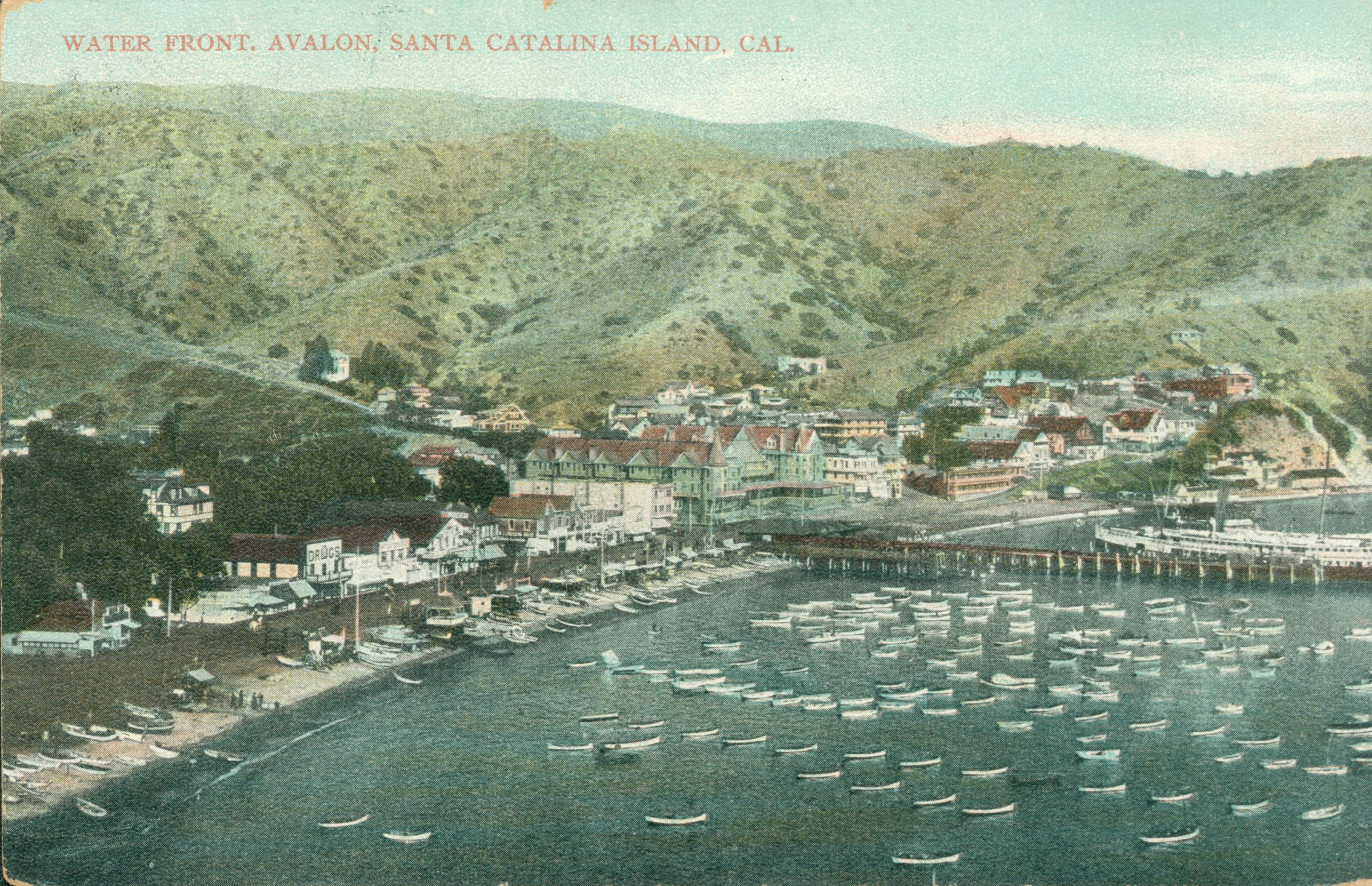 This postcard shows a bird's eye view of Avalon and the harbor on Catalina Island